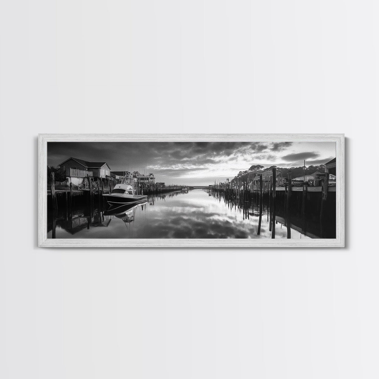 Fishing Dock, Quiet Marina, Waterside Village, Canvas Print, Nautical Wall Art, Lake House Decor, Black and White Photography