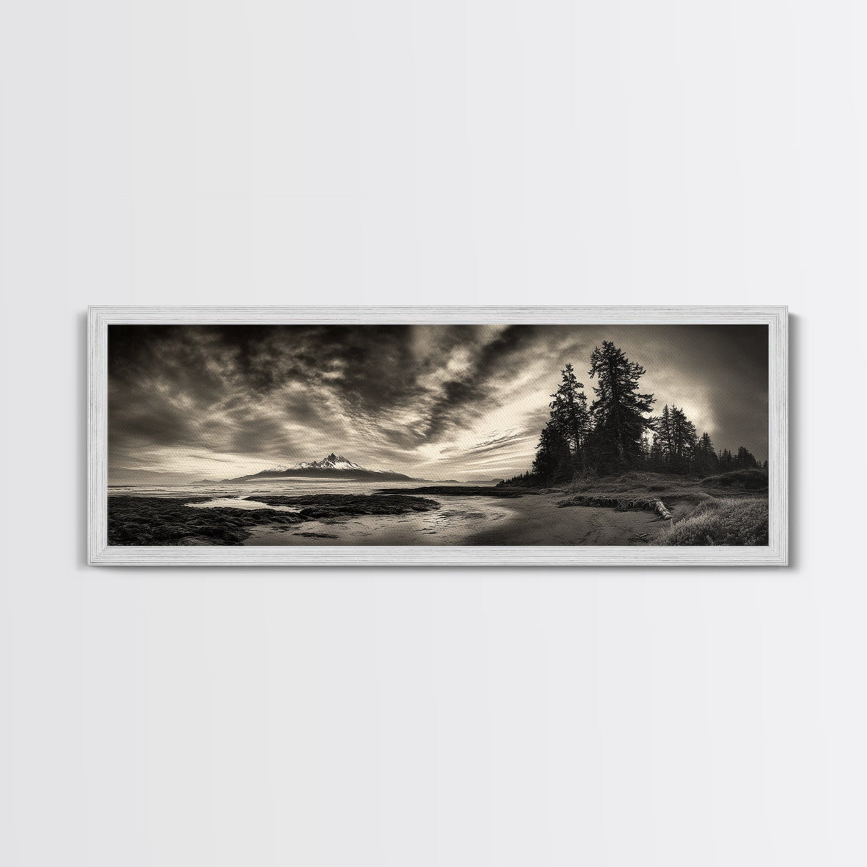 Mountain Shoreline, Stormy Sky, Forest Edge, Canvas Print, Wilderness Landscape Art, Cabin Decor, Moody Nature Photography