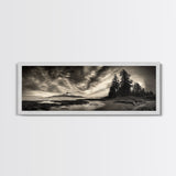 Mountain Shoreline, Stormy Sky, Forest Edge, Canvas Print, Wilderness Landscape Art, Cabin Decor, Moody Nature Photography
