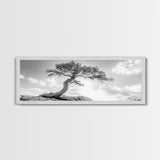 Lone Curved Tree, Zen Nature Print, Minimalist Landscape, Calming Decor, Framed Canvas Print, Bedroom Wall Statement