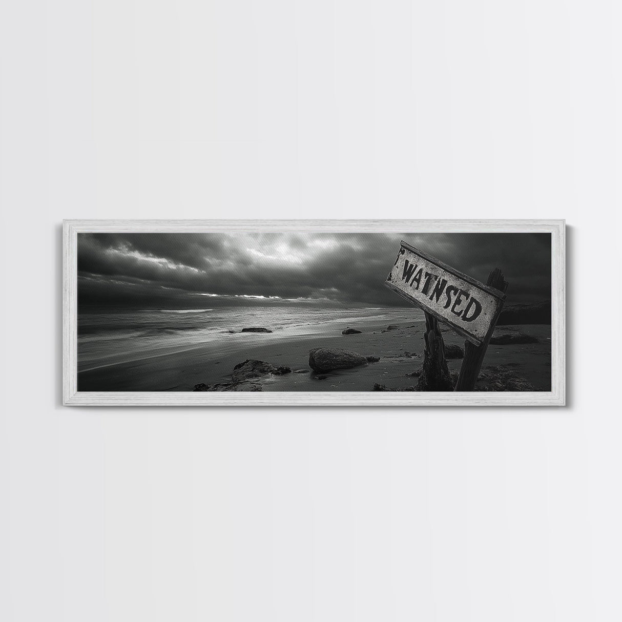 Stormy Beach, Weathered Sign, Moody Ocean, Black and White Photography, Framed Canvas Print, Coastal Gothic Wall Art, Autumn Decor
