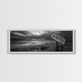 Stormy Beach, Weathered Sign, Moody Ocean, Black and White Photography, Framed Canvas Print, Coastal Gothic Wall Art, Autumn Decor