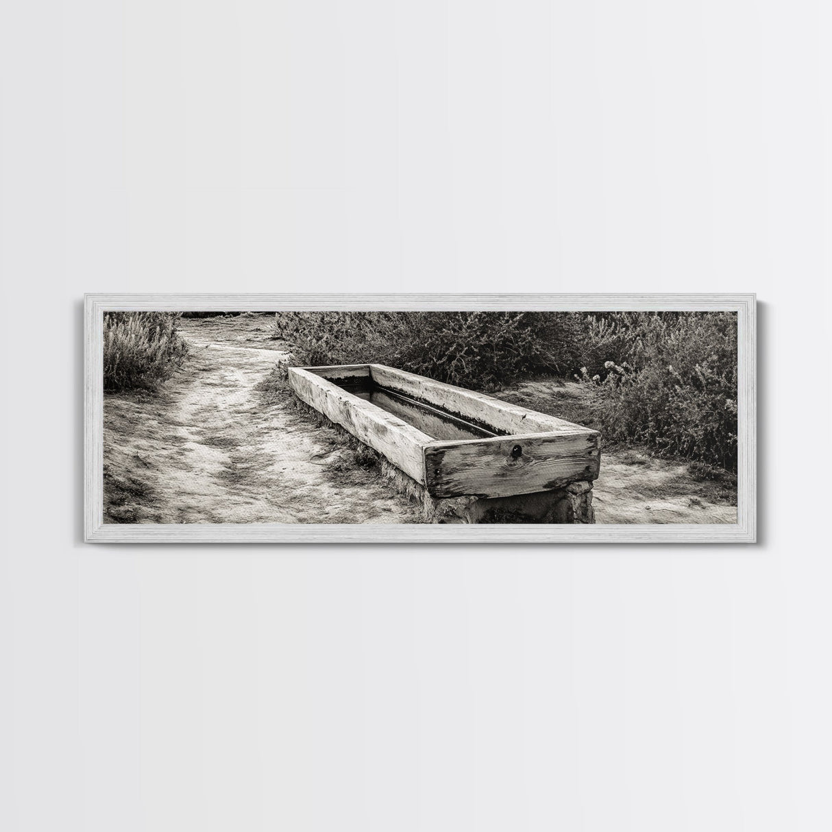 Rustic Water Trough, Nature Trail, Western Desert Scene, Framed Canvas Print, Country Farmhouse Decor, Minimalist Entryway Wall Art