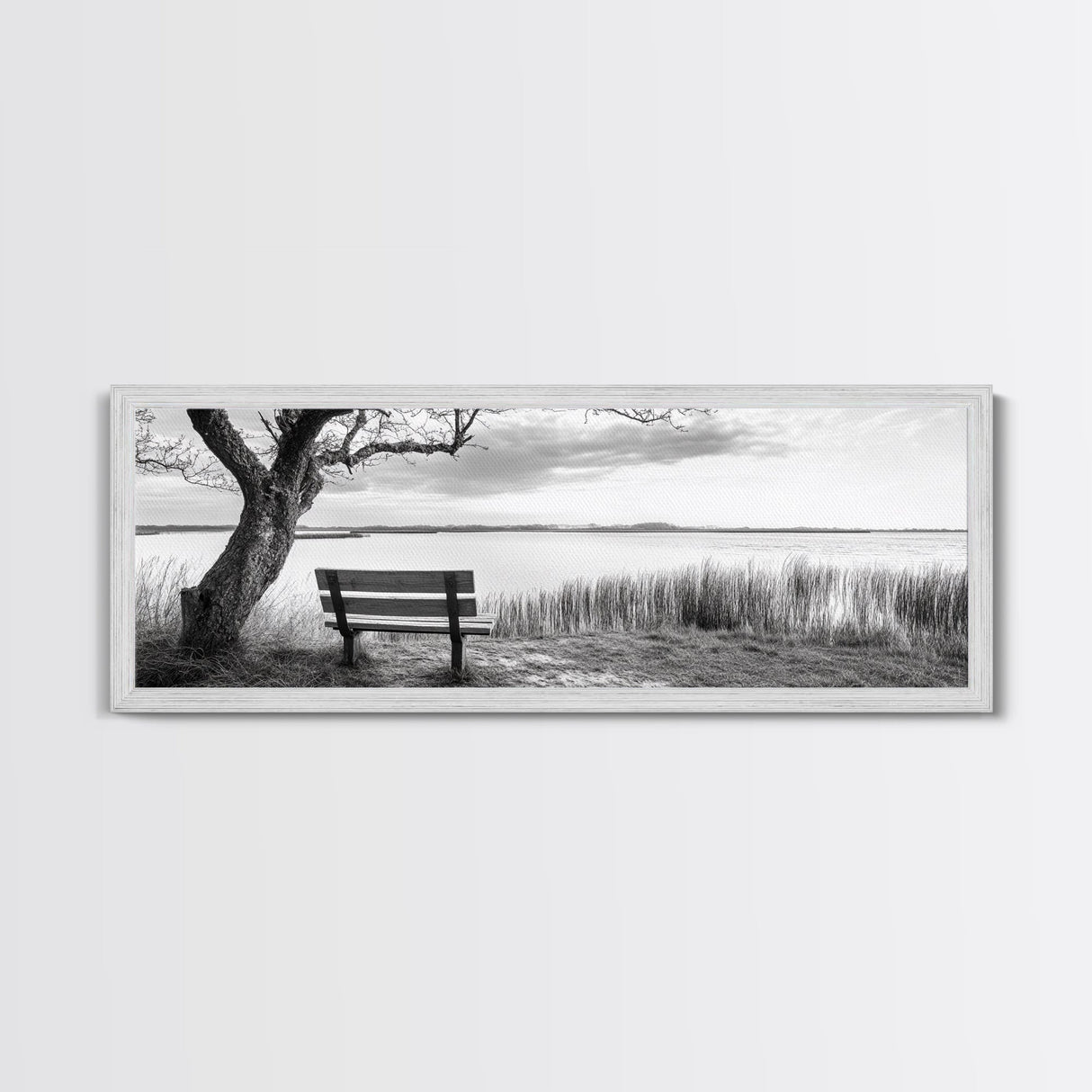 Quiet Lake Bench, Peaceful Reflection, Nature Photography, Framed Canvas Print, Serene Bedroom Decor, Minimalist Living Room Wall Art