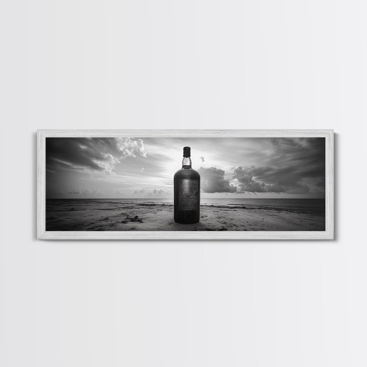 Whiskey on Beach, Bottle Seascape, Moody Coastal Still Life, Canvas Print, Masculine Bar Wall Art, Rustic Living Room Accent Piece