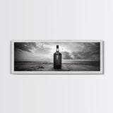 Whiskey on Beach, Bottle Seascape, Moody Coastal Still Life, Canvas Print, Masculine Bar Wall Art, Rustic Living Room Accent Piece
