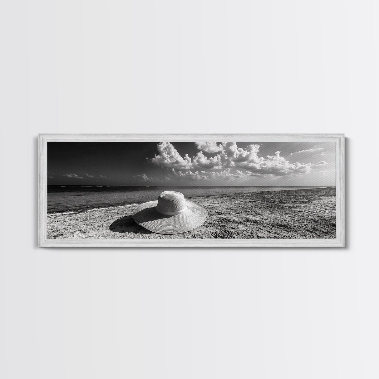 Beach Hat Scene, Coastal Escape, Sunny Seaside Moment, Framed Canvas Print, Modern Boho Bedroom Art, Summer Inspired Wall Decor