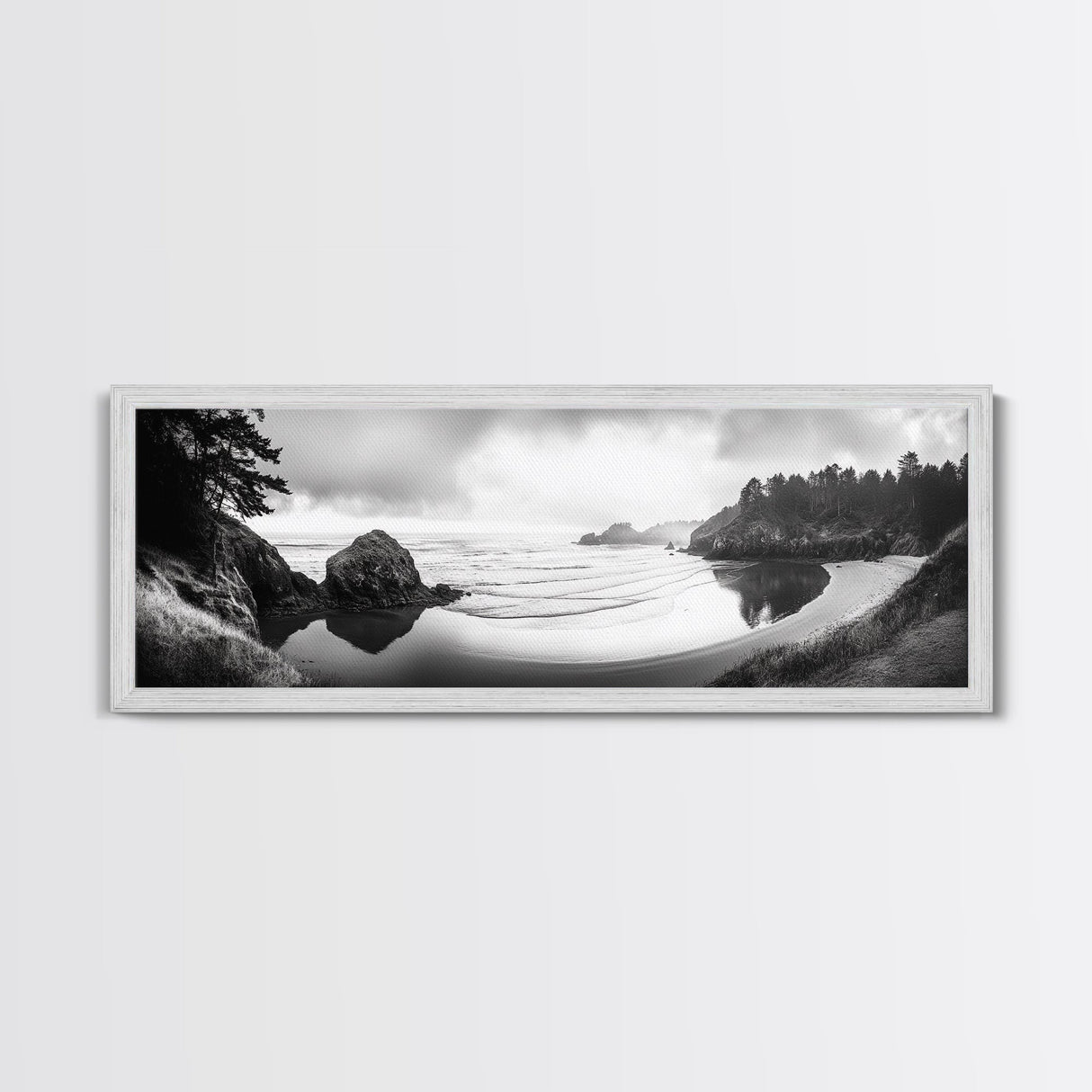 Forest Beach, Pacific Coast, Morning Mist, Tranquil Cove, Framed Canvas Print, Rustic Cabin Wall Art, Nature Landscape Photography