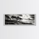 Windswept Pines, Stormy Sea, Moody Coastal Scene, Framed Canvas Print, Rustic Nature Decor, Bedroom Wall Art, Autumn Vibes