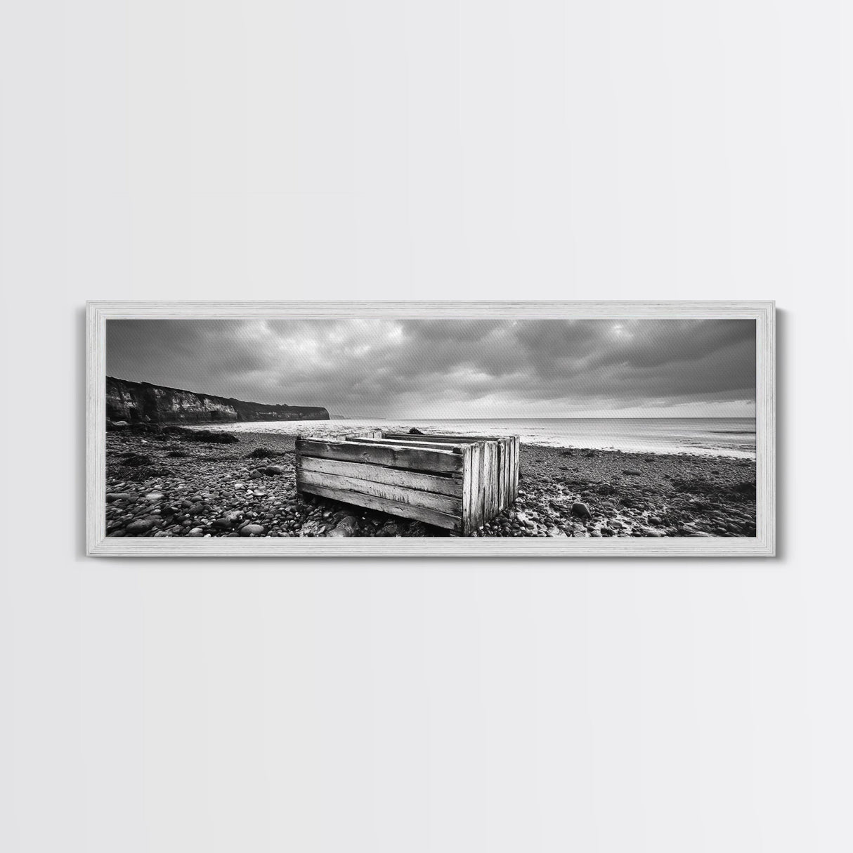 Rocky Beach, Driftwood Crate, Stormy Sky Seascape, Framed Canvas Print, Coastal Rustic Decor, Bathroom Wall Art, Monochrome Style