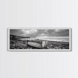 Rocky Beach, Driftwood Crate, Stormy Sky Seascape, Framed Canvas Print, Coastal Rustic Decor, Bathroom Wall Art, Monochrome Style