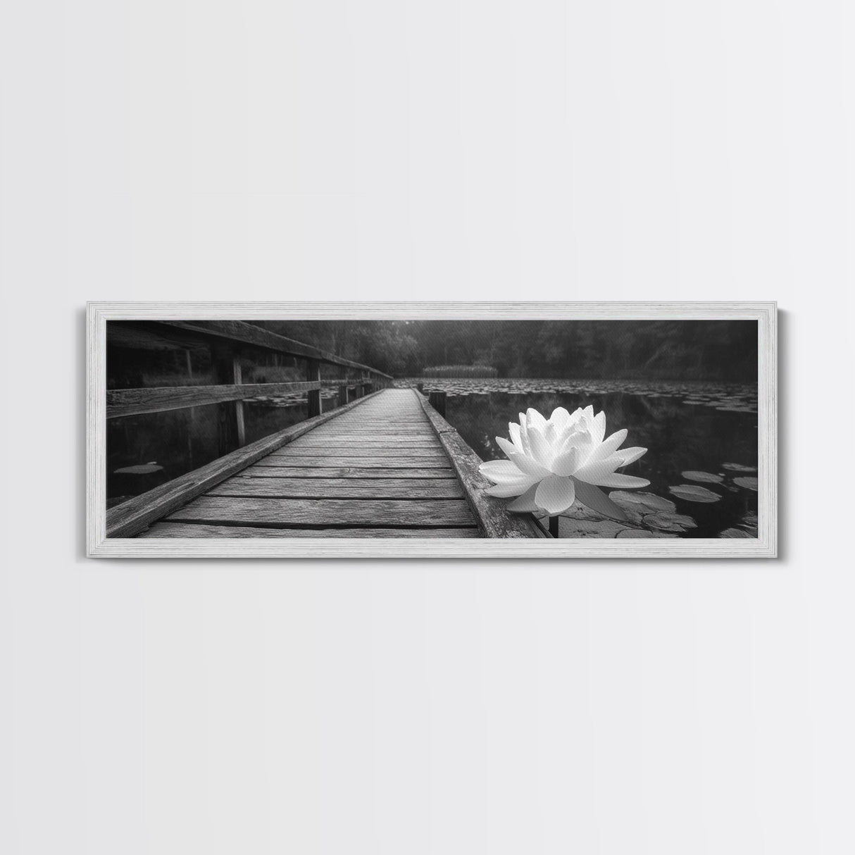 Water Lily, Peaceful Pond, Wooden Dock, Framed Canvas Print, Zen Wall Art, Meditation Room Decor, Black and White Nature Art