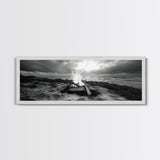 Driftwood Fire, Coastal Sky, Ocean Mood, Fall Campfire, Framed Canvas Print, rustic lake decor, bohemian fireplace art, nature wall accent