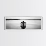 Still Canoe, Lake Mirror, Serene Water, Monochrome Boat, Framed Canvas Print, minimalist wall art, peaceful bedroom decor, boho lake style