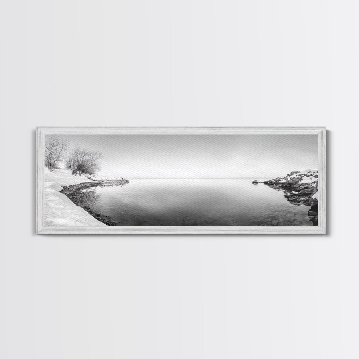Winter Lake Reflection, Minimal Snow Scene, Bare Trees, Serene Water, Framed Canvas Print, Nordic Minimalist Art, Bedroom Wall Decor