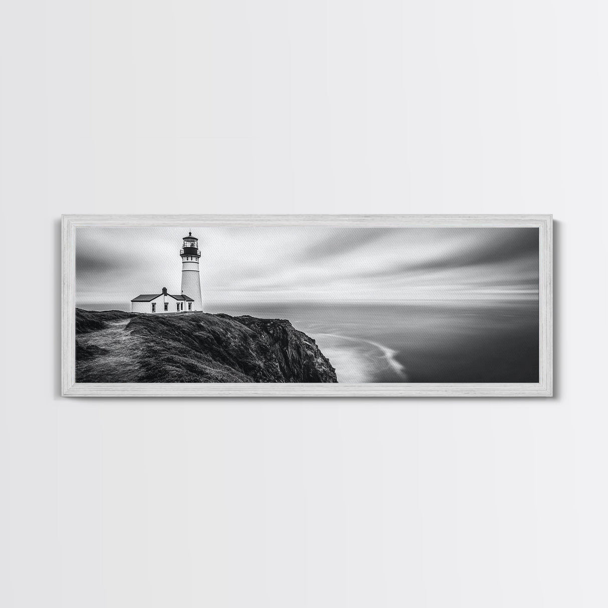 Lighthouse Serenity, Coastal Fog, Ocean Horizon, Canvas Print, Black and White Decor, Office Wall Art, Nautical Theme, Moody Photography
