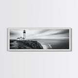 Lighthouse Serenity, Coastal Fog, Ocean Horizon, Canvas Print, Black and White Decor, Office Wall Art, Nautical Theme, Moody Photography