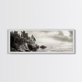Windy Pines, Rocky Shoreline, Ocean Wilderness, Canvas Print, Vintage Nature Photography, Hallway Wall Art, Outdoor Adventure Vibe