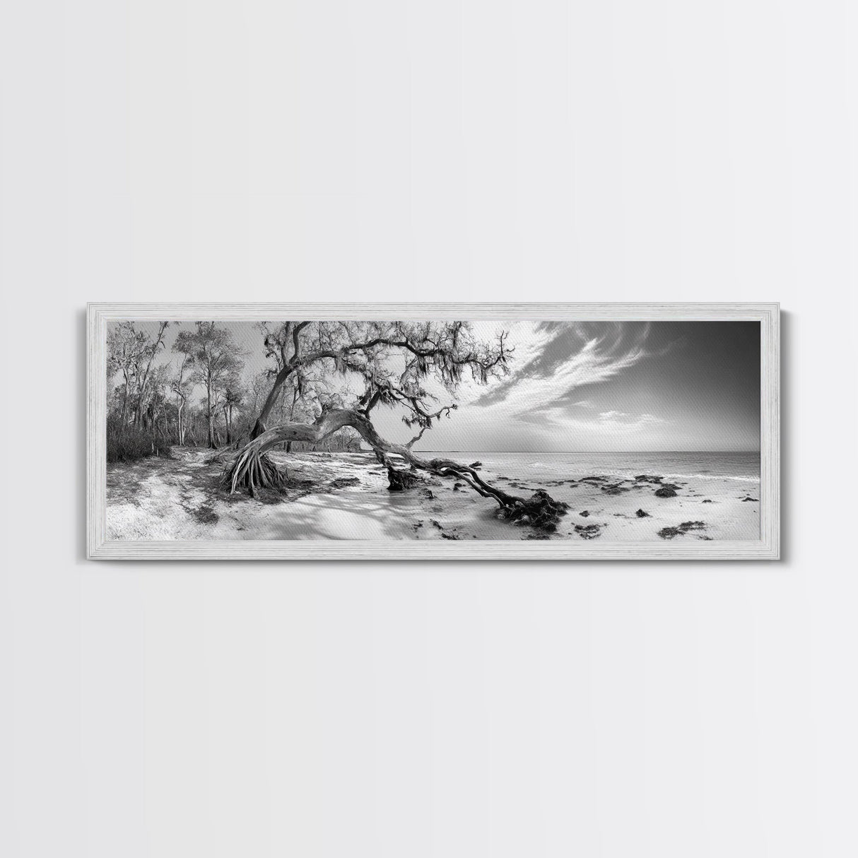 Bending Tree Beach, Windswept Coastal Scene, Dune Forest, Canvas Print, Monochrome Minimalist Art, Boho Bedroom Decor, Ocean Tones