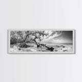 Bending Tree Beach, Windswept Coastal Scene, Dune Forest, Canvas Print, Monochrome Minimalist Art, Boho Bedroom Decor, Ocean Tones