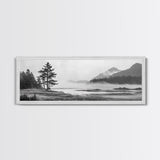 Foggy River Valley, Evergreen Mountains, Morning Mist Landscape, Framed Canvas Print, Tranquil Bedroom Art, Nature Inspired Decor