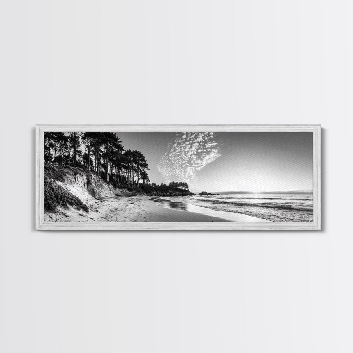 Forest Edge Beach, Coastal Sandscape, Sunset Sky, Canvas Print, Black and White Landscape, Coastal Living Room Art, Natural Vibes