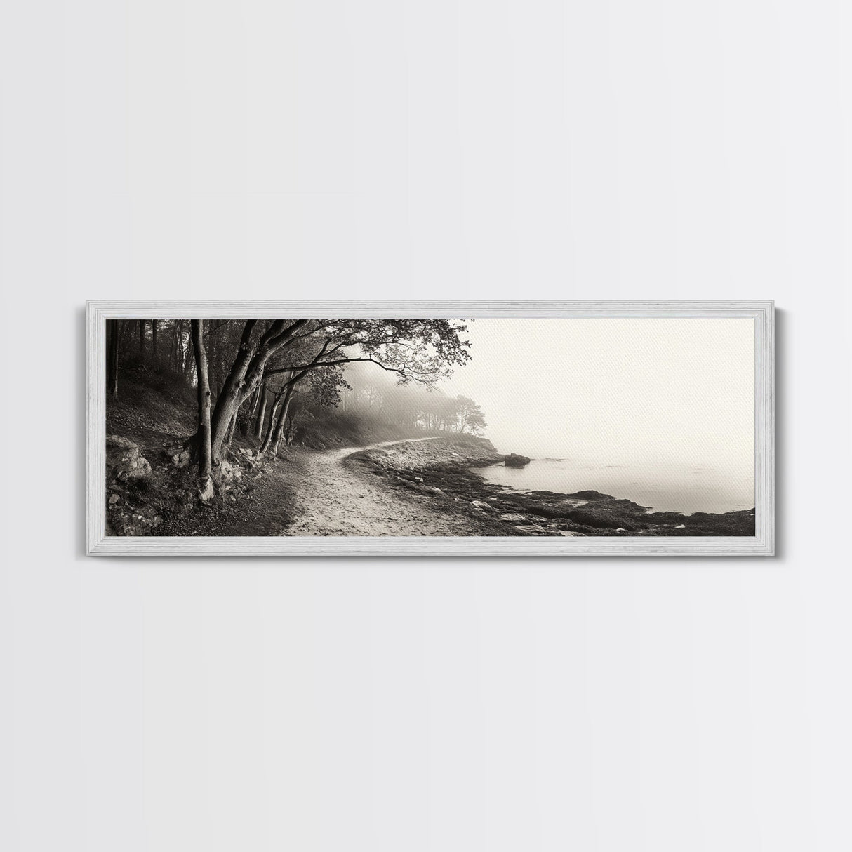 Forest Path, Misty Woods, Quiet Trail, Coastal Fog, Framed Canvas Print, Scandinavian Decor, Entryway Art, Minimal Nature Photography