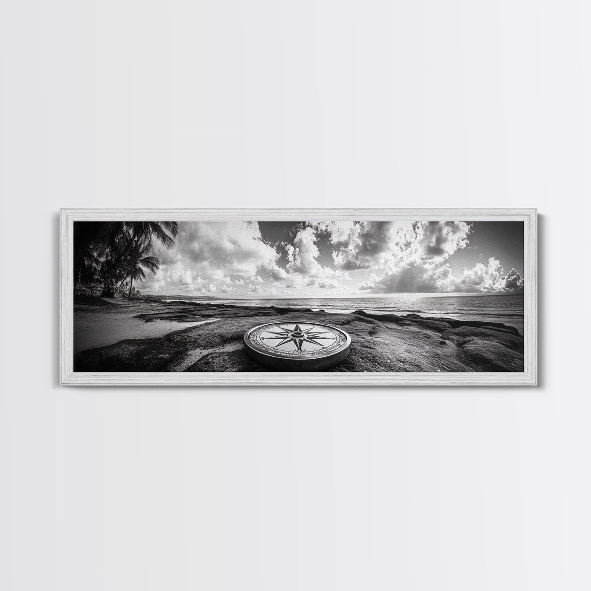 Compass Rose, Ocean Horizon, Palm Trees, Canvas Print, Nautical Beach Art, Boho Living Room Wall Art, Black and White Coastal Decor