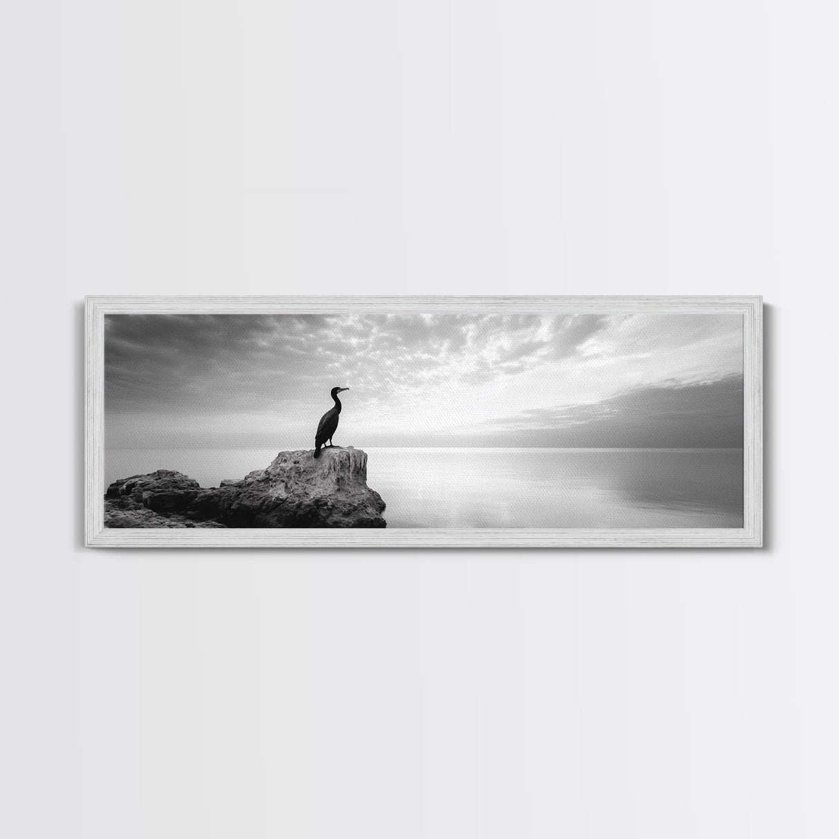 Solitary Bird, Ocean Rock, Minimalist Seascape, Canvas Print, Peaceful Wall Art, Zen Decor, Black and White Living Room Accent