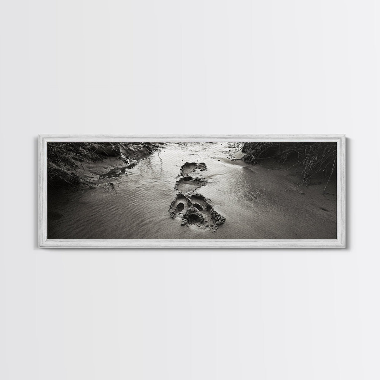 Footprints in Sand, Nature Pathway, Tranquil Stream, Framed Canvas Print, Mindful Journey Art, Rustic Entryway Wall Photography