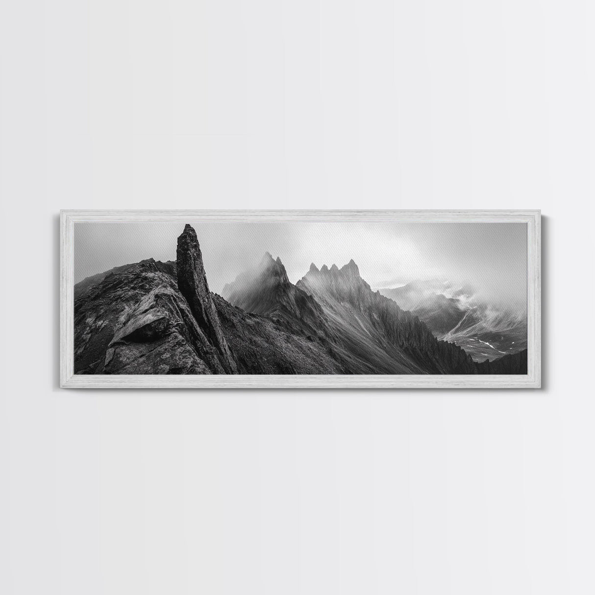 Jagged Peaks, Foggy Mountains, Dramatic Range, Canvas Print, Monochrome Wilderness Art, Office or Cabin Wall Decor, Adventure Style