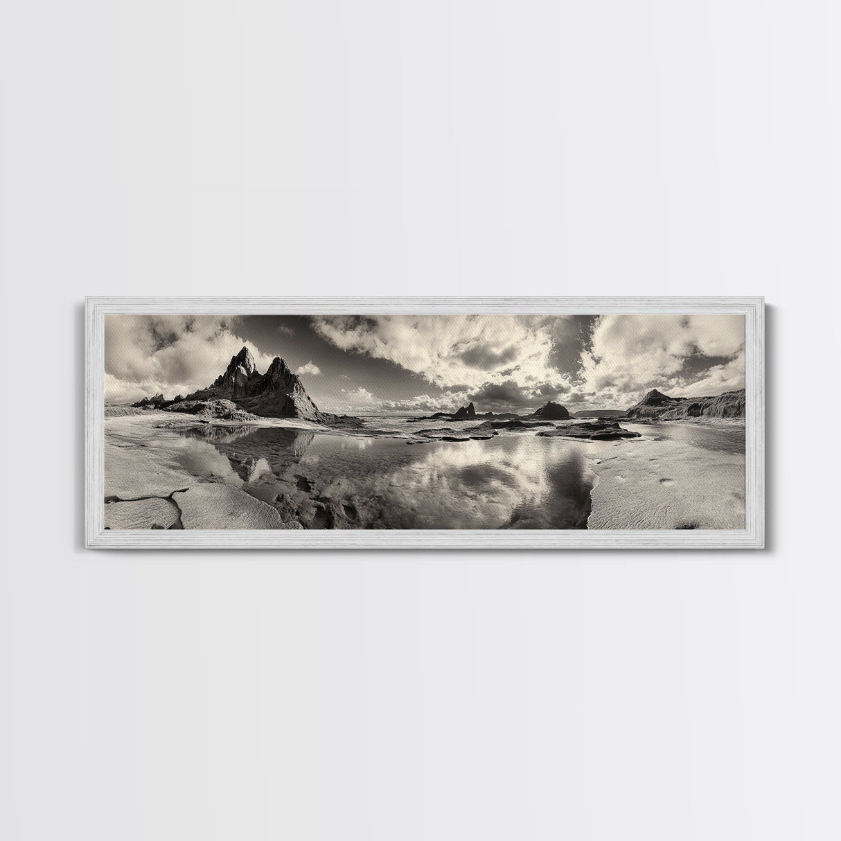 Coastal Rocks, Ocean Reflection, Dramatic Sky, Framed Canvas Print, Beach Landscape Photography, Fall Living Room Wall Art