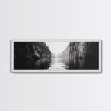 Misty Canyon, River Passage, Tranquil Adventure, Canvas Print, Nature Escape Wall Art, Zen Office Decor, Moody Black and White Style