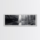 Misty River, Tranquil Forest, Autumn Nature, Monochrome Photography, Framed Canvas Print, Bedroom Wall Art, Rustic Decor, Minimalist Style