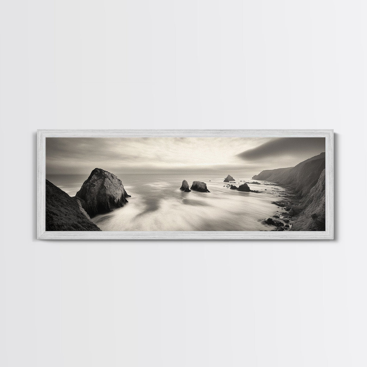 Rocky Coastline, Ocean Cliffs, Soft Waves, Long Exposure Landscape, Framed Canvas Print, Nautical Wall Art, Calm Living Room Decor