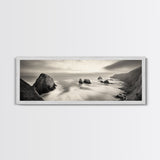Rocky Coastline, Ocean Cliffs, Soft Waves, Long Exposure Landscape, Framed Canvas Print, Nautical Wall Art, Calm Living Room Decor