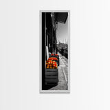 Orange Crates, Market Scene, Harbor View, Urban Life – Framed Canvas Print, Kitchen Wall Art, Rustic Market Decor, Fall City Aesthetic