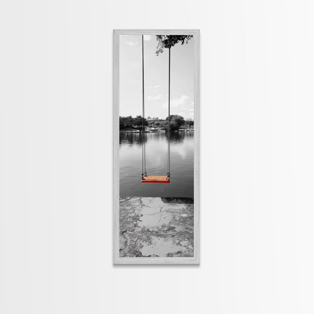 Swing Over Lake, Still Waters, Childhood Memories, Tranquil View – Canvas Print, Minimalist Wall Art, Kids Room Decor, Serene Black and White