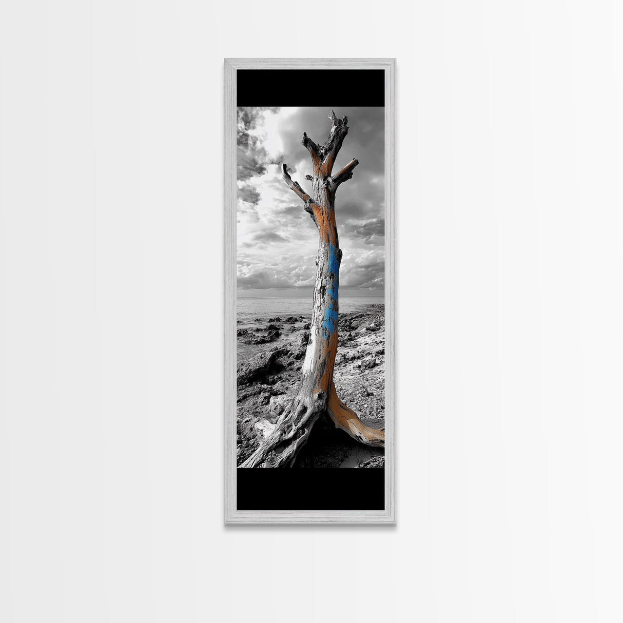 Painted Tree, Coastal Driftwood, Stormy Sky, Bold Texture – Framed Canvas Print, Beach House Decor, Abstract Nature Art, Rustic Minimalism