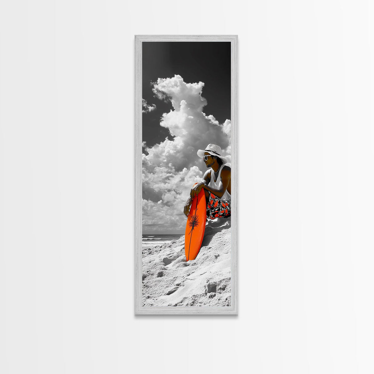 Surfer Beach Day, Orange Surfboard, Ocean Mood, Framed Canvas Print, Tropical Wall Art, Coastal Bedroom Decor, Modern Minimalist Style