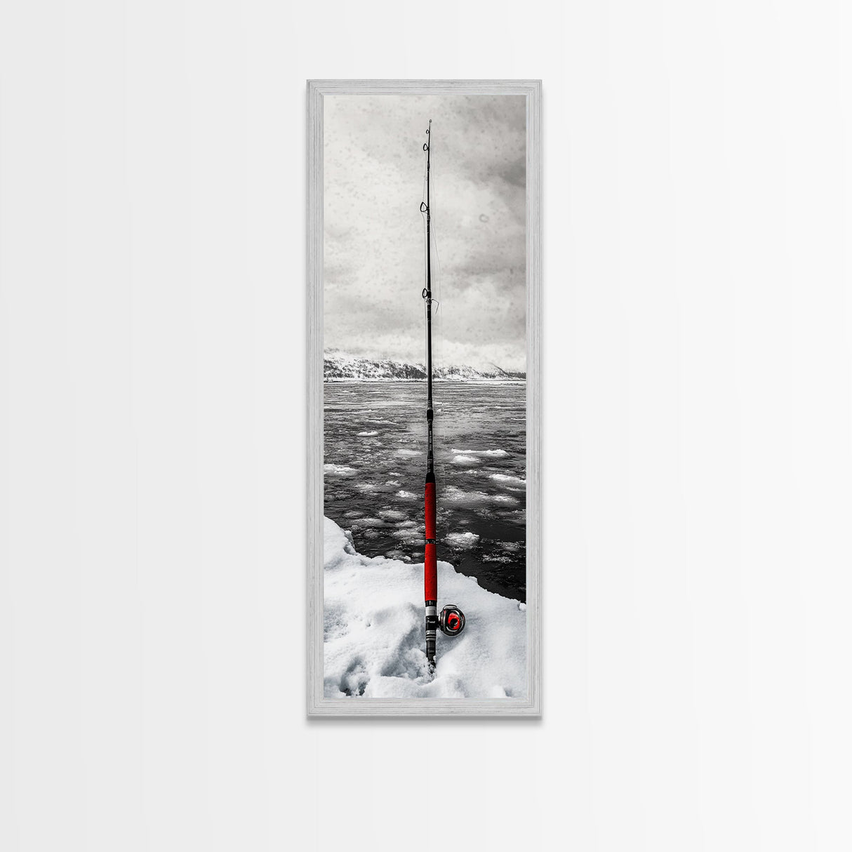 Ice Fishing Rod, Snow Adventure, Winter Sport, Framed Canvas Print, Man Cave Decor, Rustic Cabin Wall Art, Outdoor Lifestyle Photography