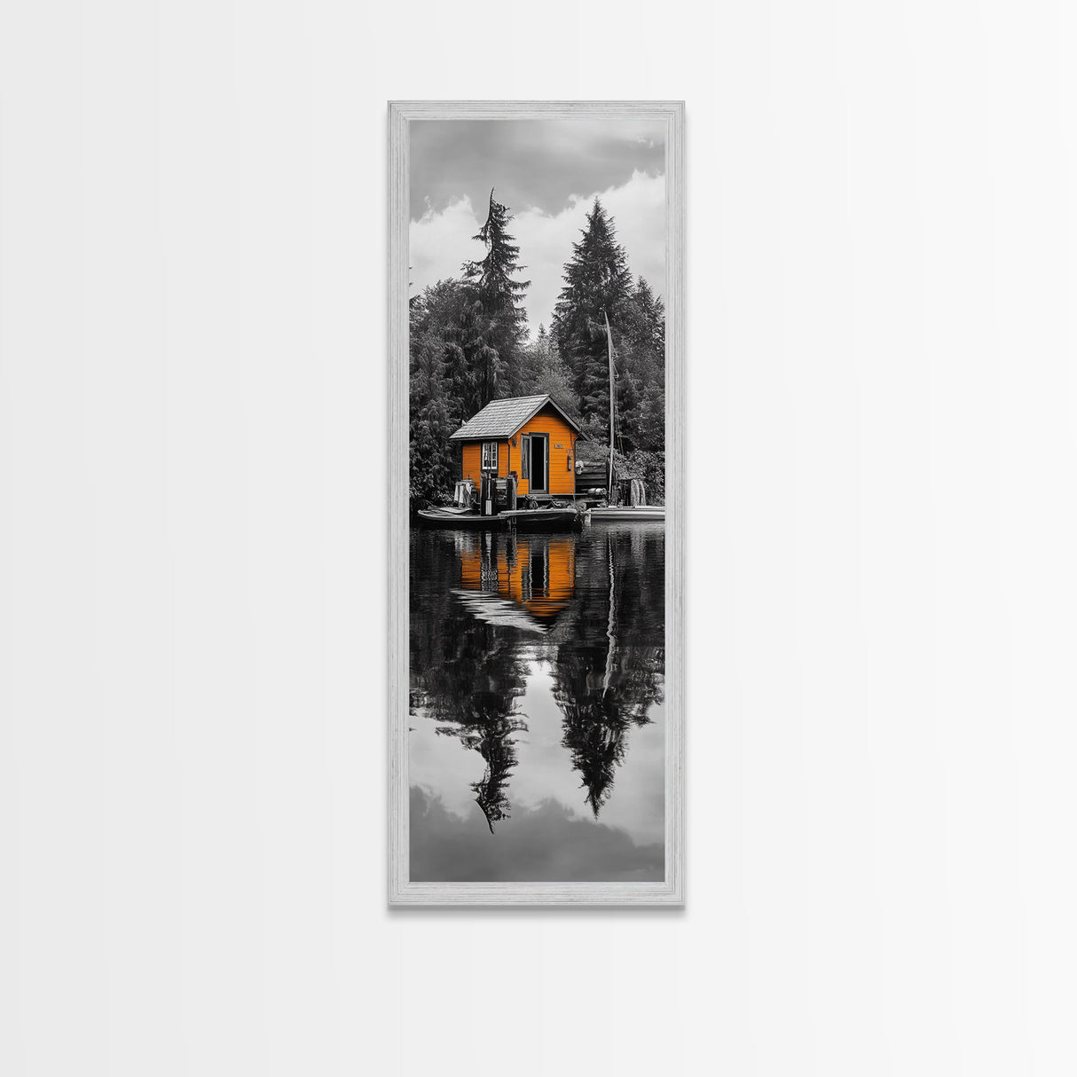 Lake Cabin, Reflection Serenity, Forest Escape, Framed Canvas Print, Nature Wall Art, Rustic Lodge Decor, Cabin Living Room Inspiration