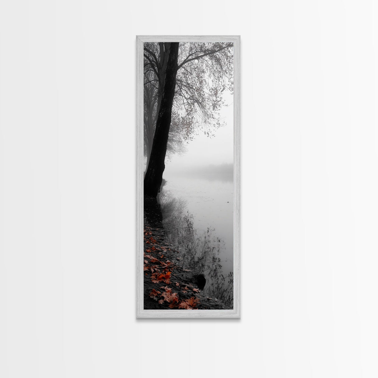 Foggy Shore, Autumn Path, Moody Nature Wall Art, Canvas Print, Fall Leaves, Serene Forest, Bedroom Decor, Woodland Landscape