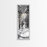 Snow Path, Winter Forest, Frosty Pines, Silent Trail, Framed Canvas Print, Christmas Wall Art, Cabin Decor, Nordic Winter Scene