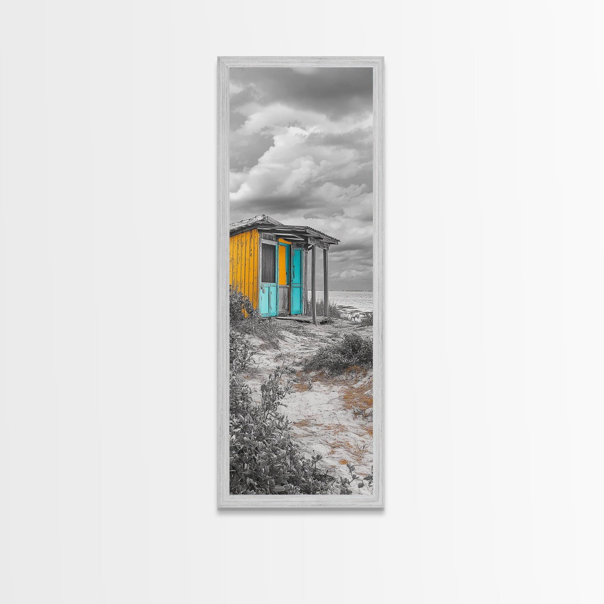 Beach Shack, Rustic Cabin, Vibrant Doors, Framed Canvas Print, Coastal Entryway Wall Art, Tropical Boho Decor, Seaside Rustic Style