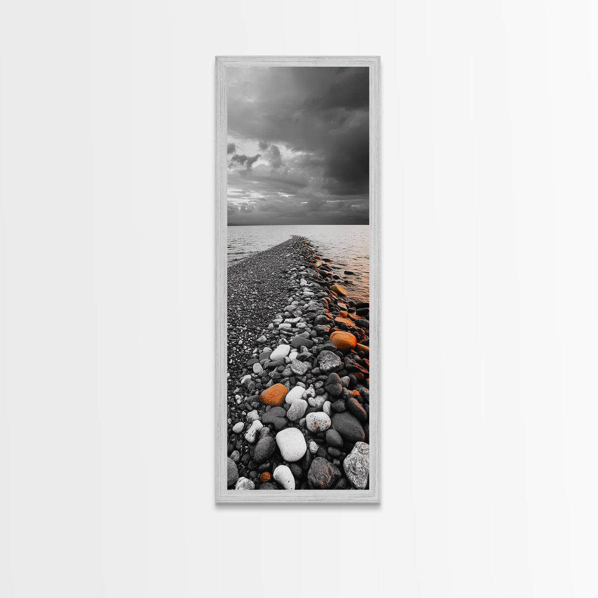 Rocky Shoreline, Sunset Glow, Ocean Path, Coastal Landscape, Canvas Print, Tranquil Nature Art, Bathroom Wall Decor Coastal Style