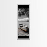 Rustic Rowboat, Tranquil Shore, Coastal Serenity, Vintage Lake Style, Canvas Print, Living Room Wall Art, Monochrome Nature Photography