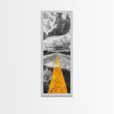 Yellow Road Line, Moody Highway, Stormy Skies, Monochrome Vibes, Framed Canvas Print, Modern Office Art, Minimalist Photography Decor