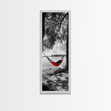 Red Hammock Escape, Nature Lake Art, Serene Moment, Outdoor Vibes, Framed Canvas Print Rustic Bedroom Wall Art, Minimalist Landscape