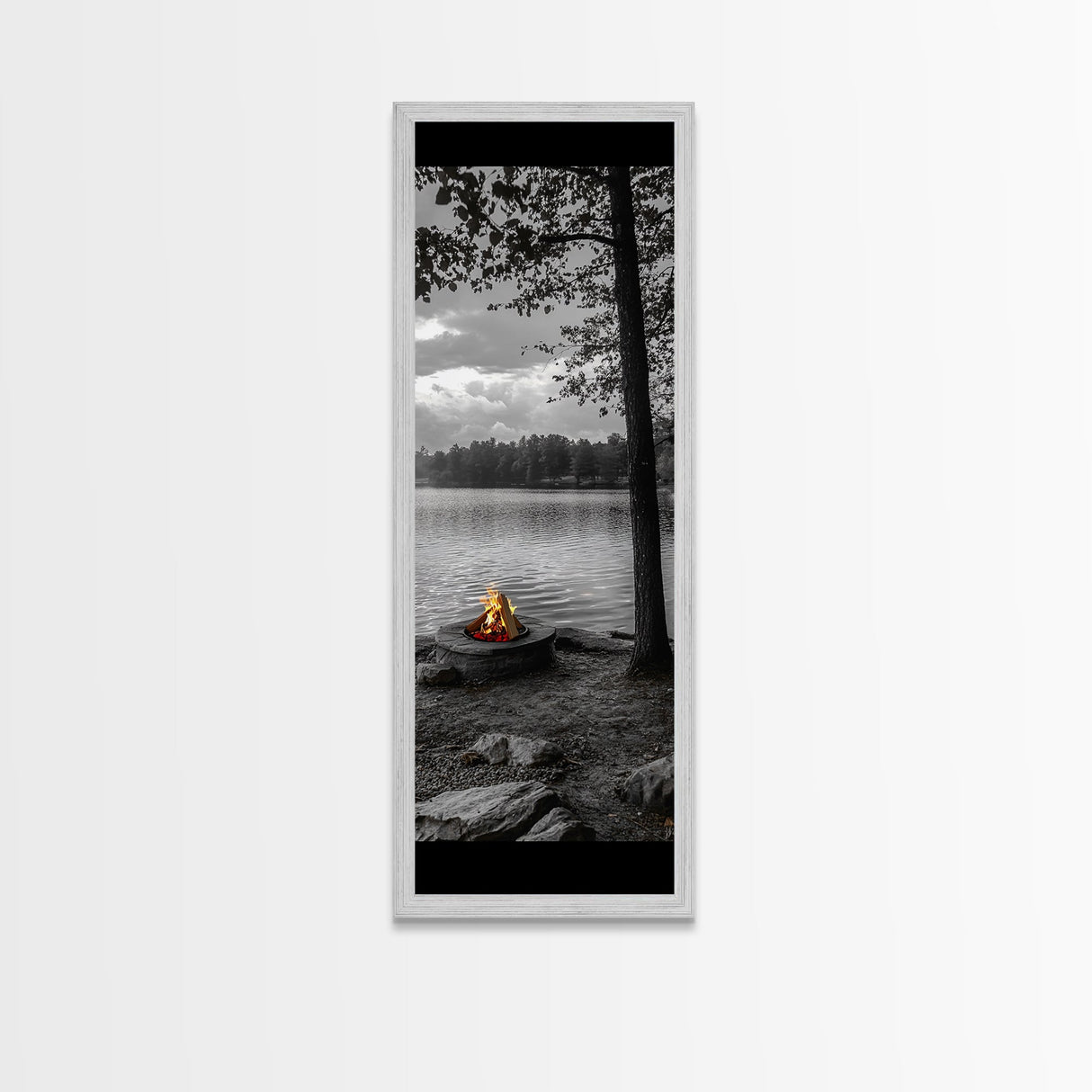 Autumn Campfire Scene, Cozy Outdoors, Fall Evening Glow, Lakeside Calm, Framed Canvas Print Cabin Decor, Living Room Autumn Wall Art
